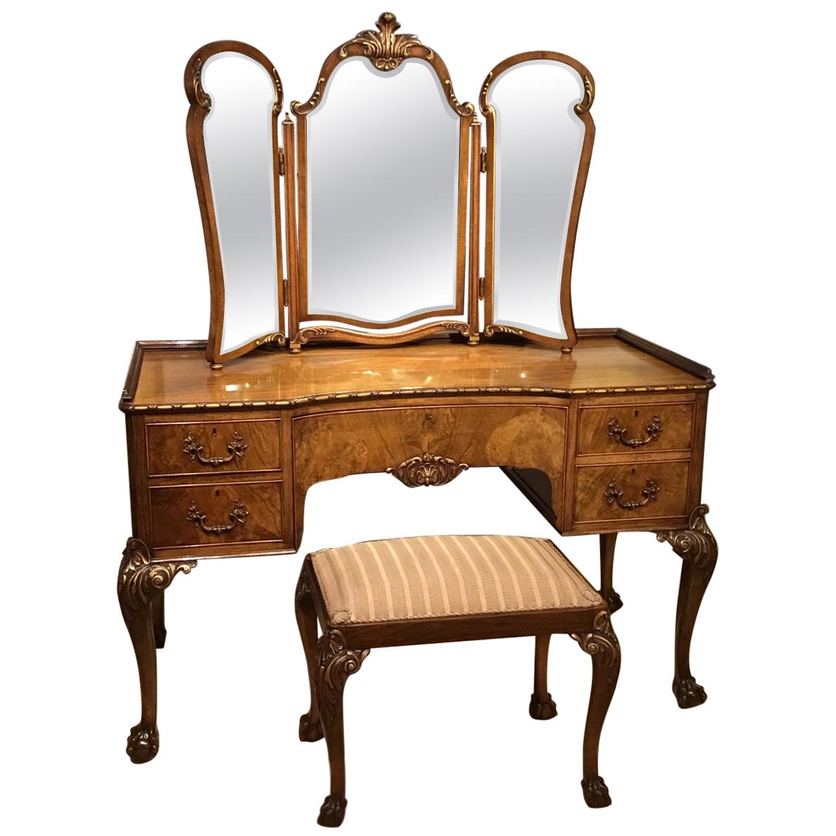 Walnut and Parcel Gilt Edwardian Period Antique Dressing Table and Stool