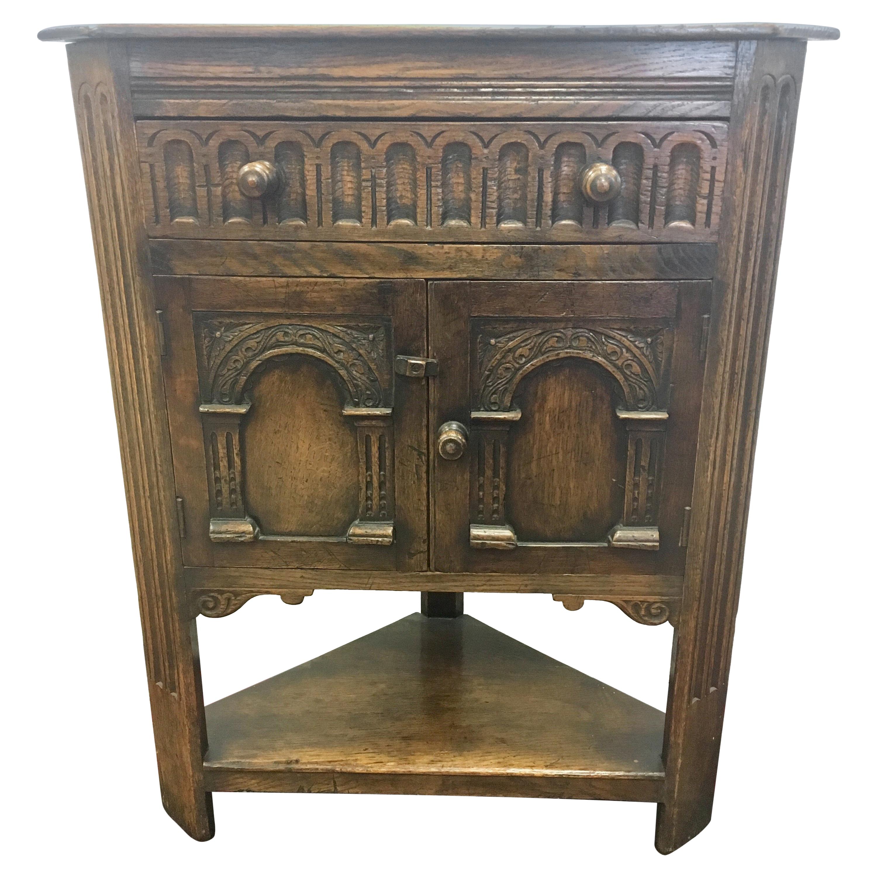 English Carved Dark Oak Corner Cabinet Table from George Fleet Stoke on Trent