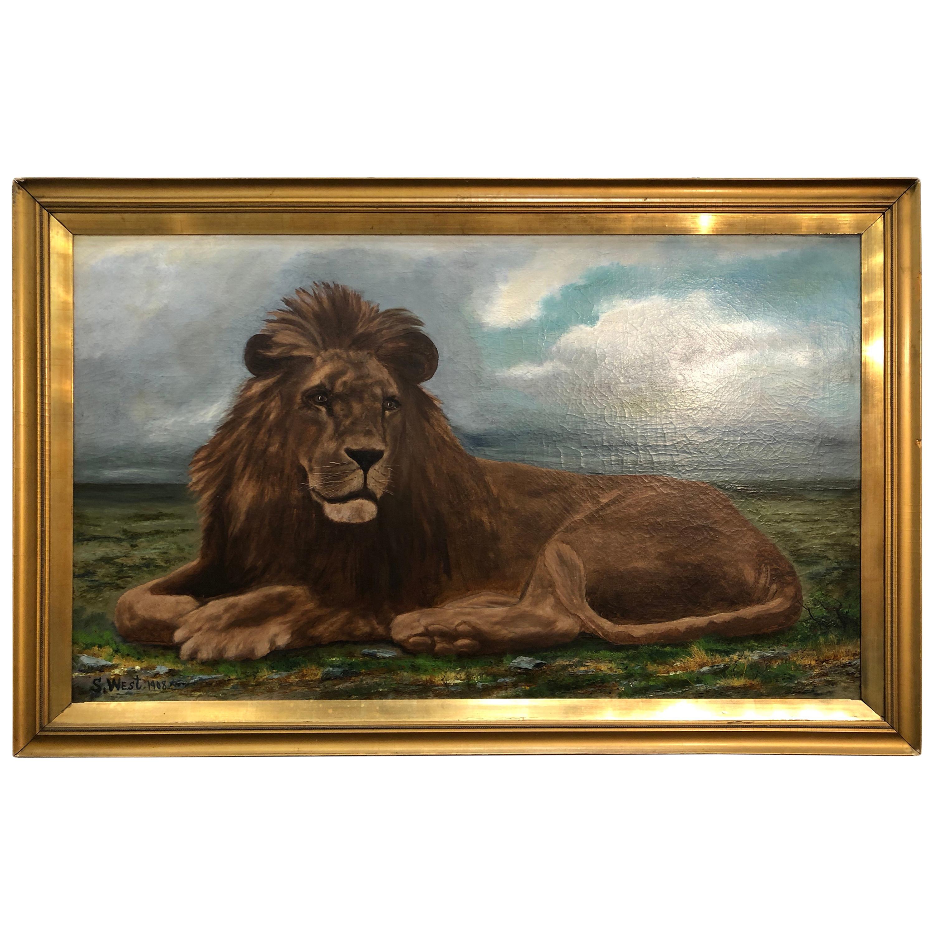 Lion Portrait Painting Majestic Beast Oil on Canvas Signed and Dated S. West For Sale