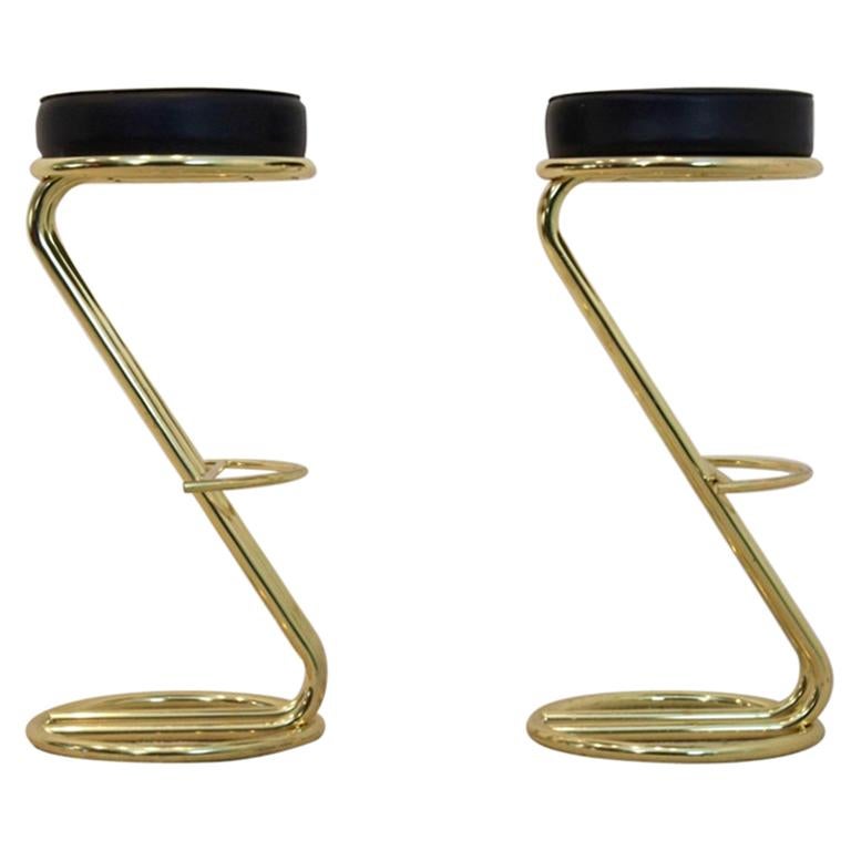 Brass Bar Stools And Black Leather Seat, Black And Gold Leather Bar Stools