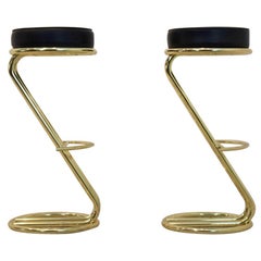 Pair of Brass Bar Stools and Black Leather Seat, 1980s