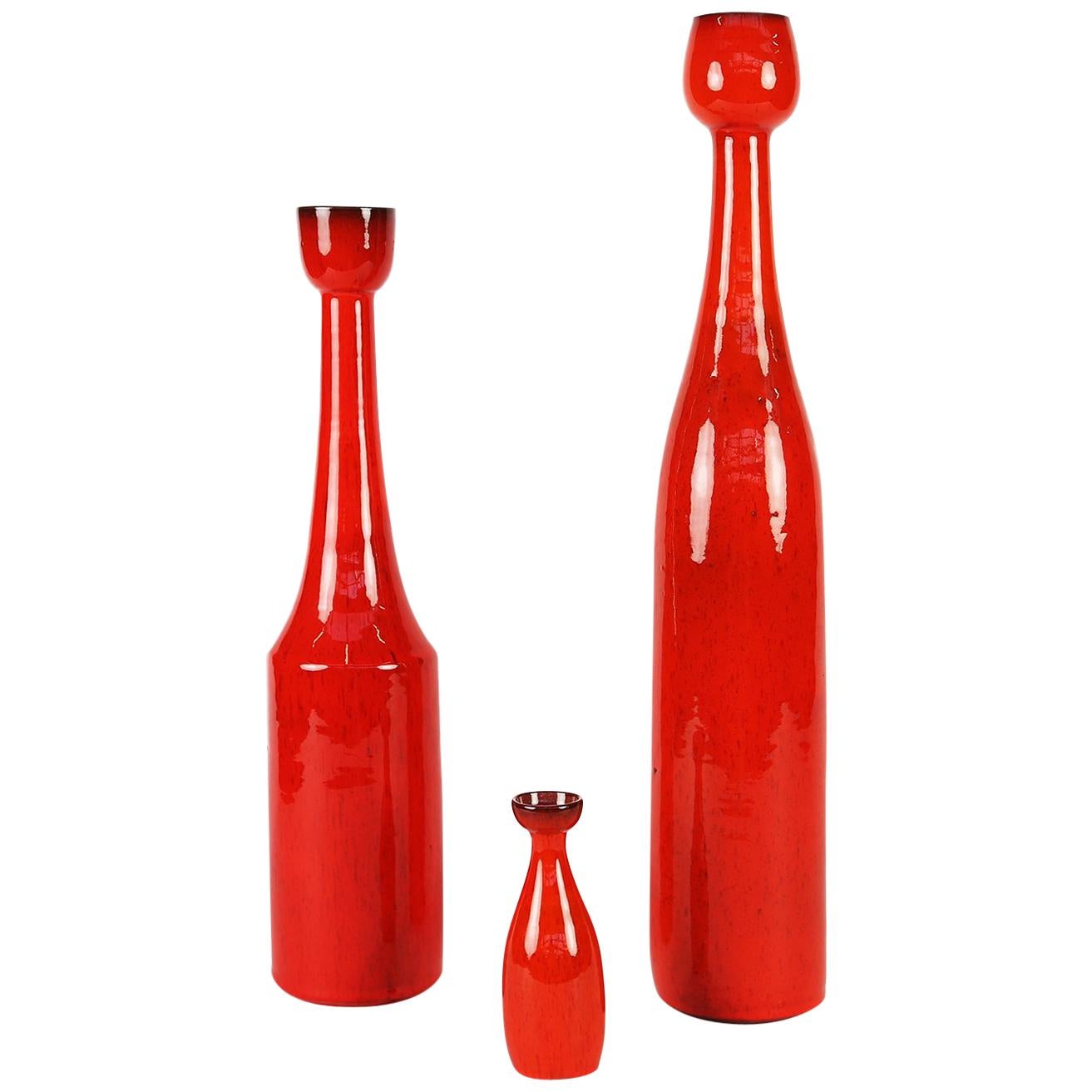 Perignem, Set of 3 Red Ceramic Vases, Belgium, 1960s