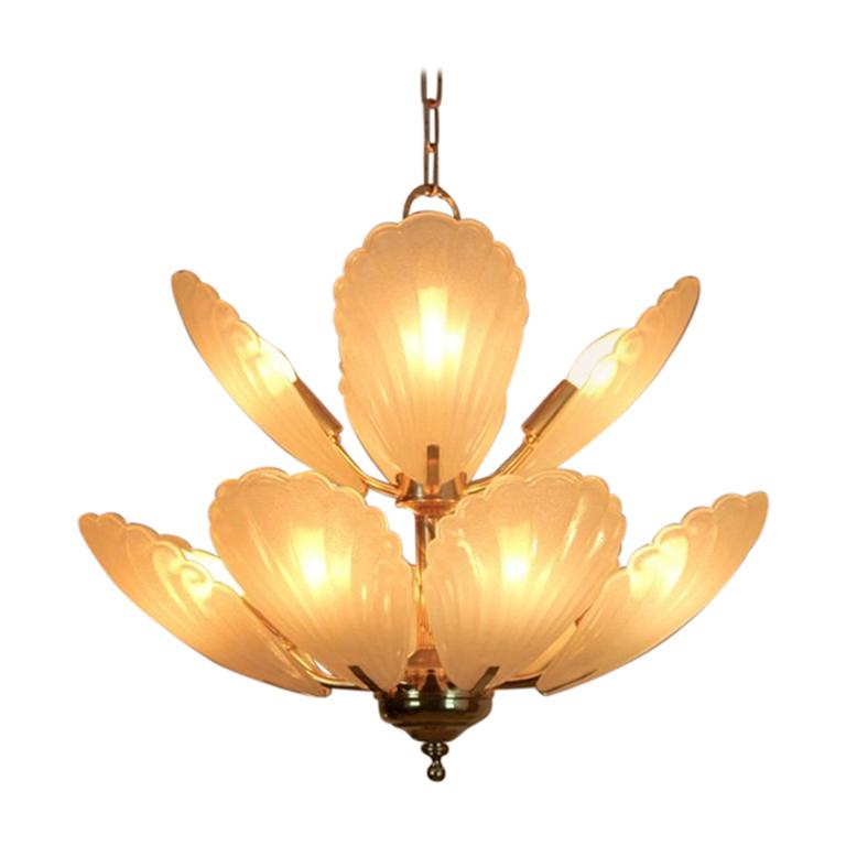 French Chandelier in Brass with Murano Glass Shells, 1970s For Sale