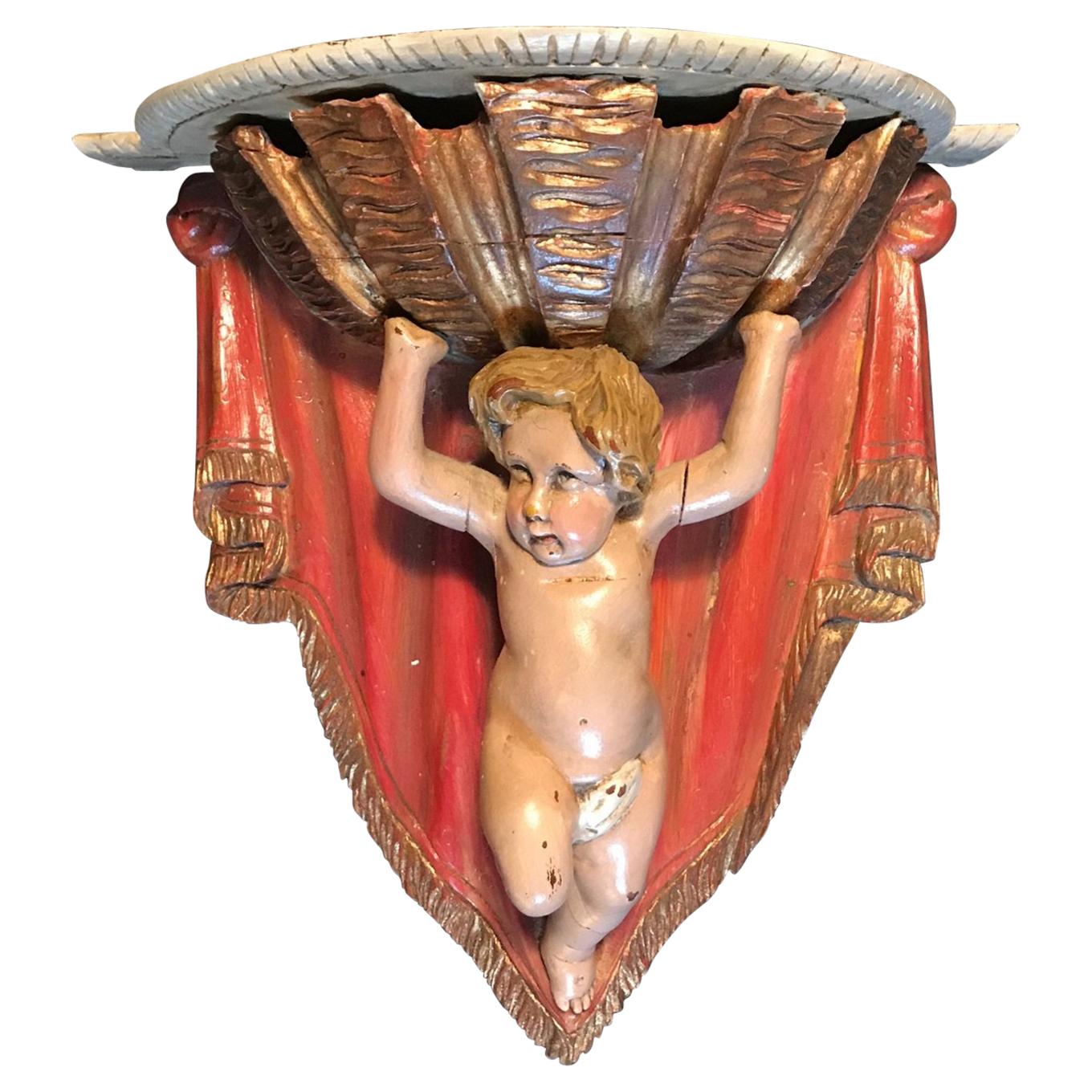 19th Century Carved Wood Polychrome and Gilt Putto Hanging Shelf