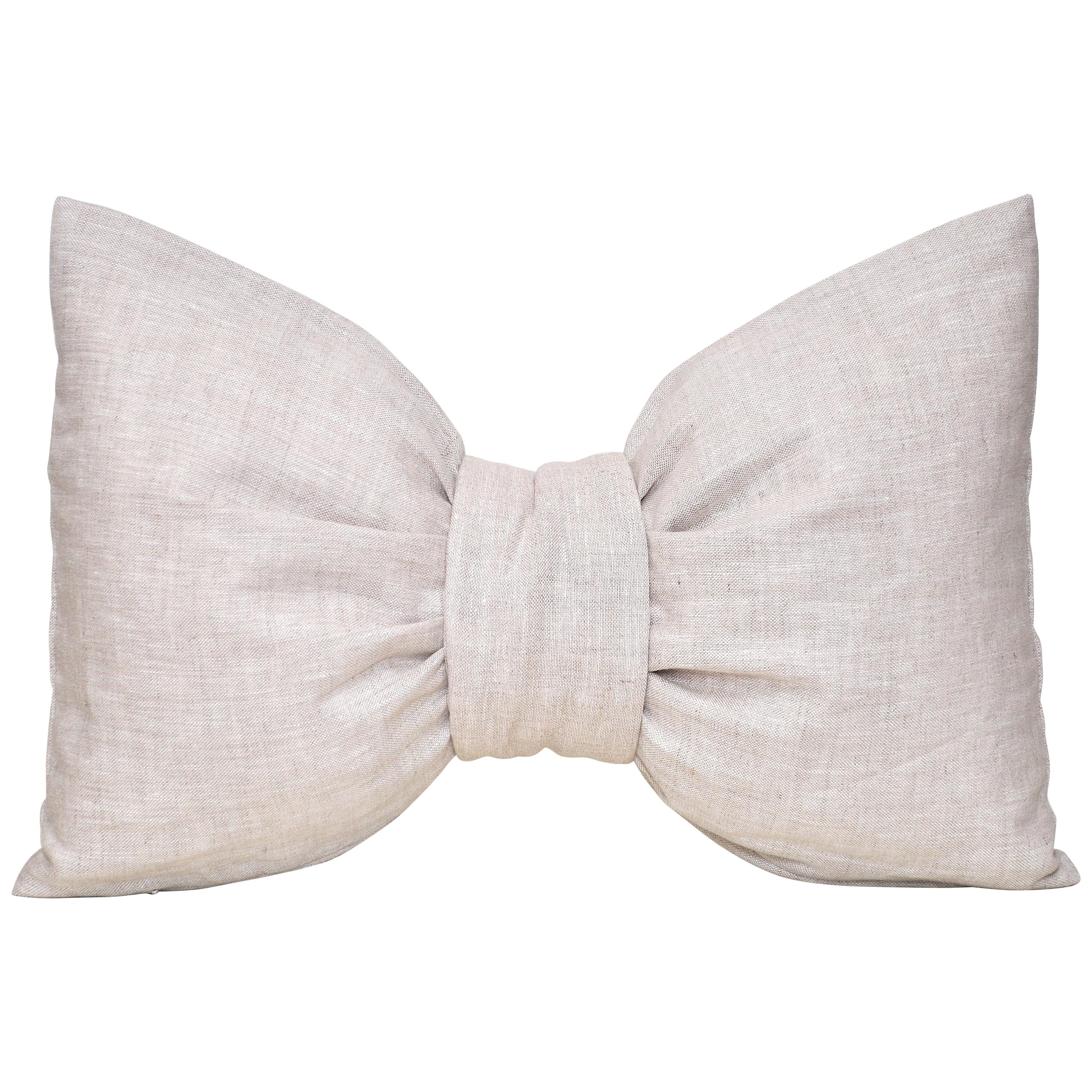 Small Designer Bow Pillow in Vintage Irish Linen Natural Oatmeal Cushion For Sale