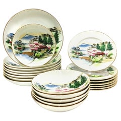 Retro 1950s Japanese Hand Painted Moriage Porcelain "Mt. Fuji" Dinnerware, Set of 21