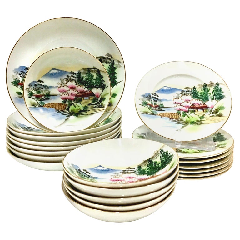 1950s Japanese Hand Painted Moriage Porcelain "Mt. Fuji" Dinnerware