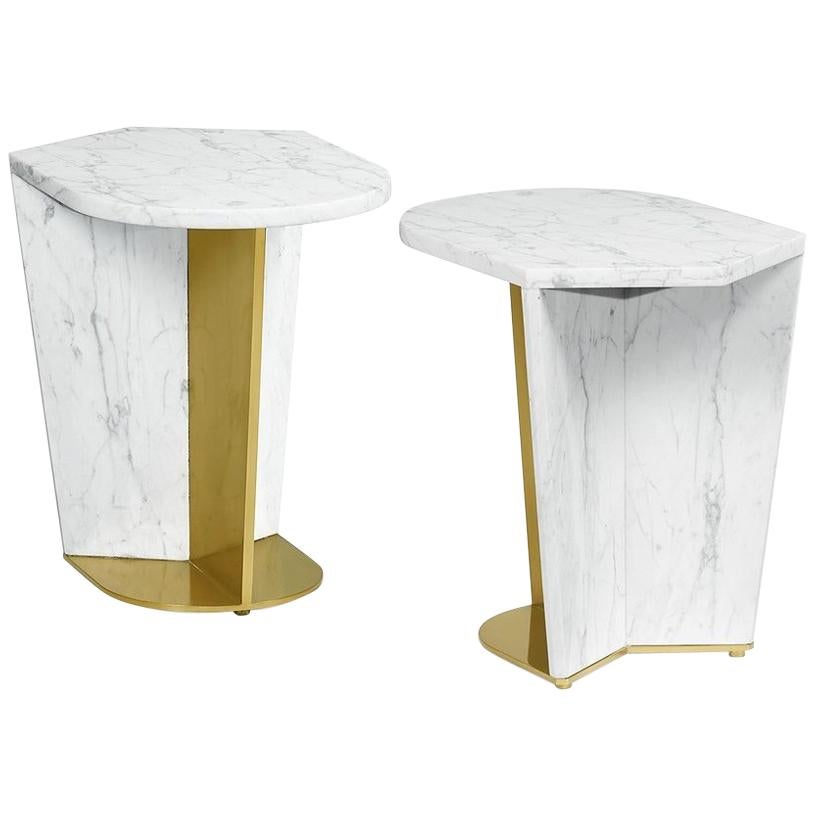 Sculptural White Calacatta Marble and Brass Side Table SET