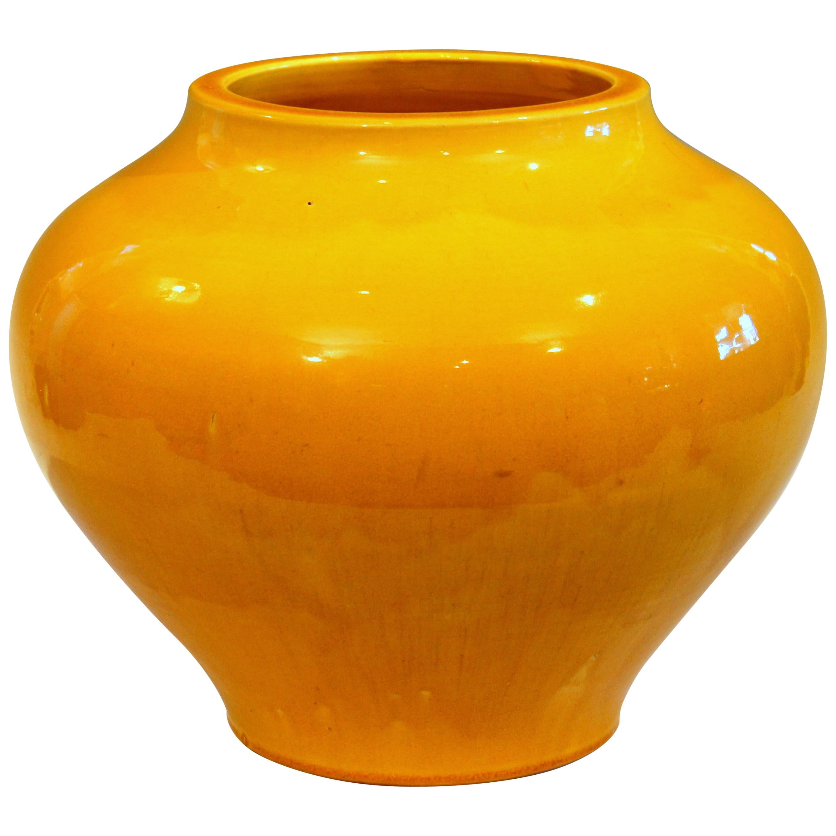 Large Antique Golden Yellow Awaji Pottery Crackle Glaze Hu Form Vase