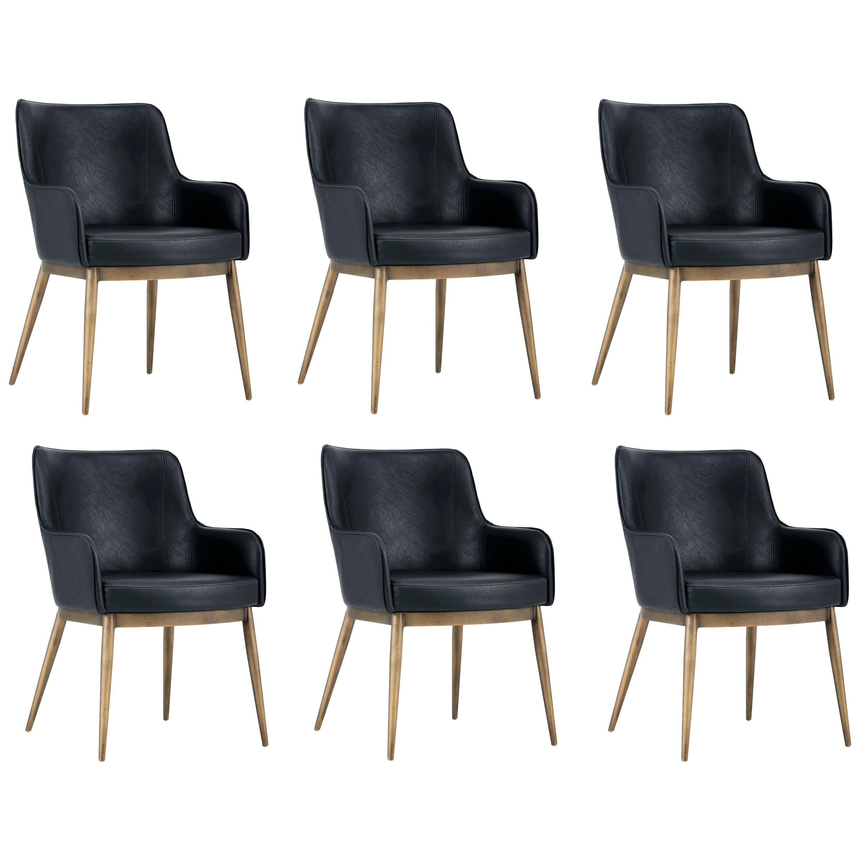 Set of 6, Mid-Century Modern Dining Chairs in Vintage Black Leather & Brass
