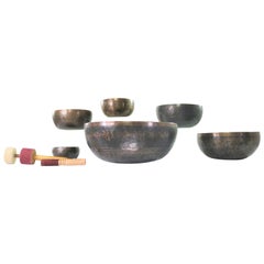 Vintage Set of 6 Bronze Nesting Incised Singing Bowls Standing Bowls & Mallets