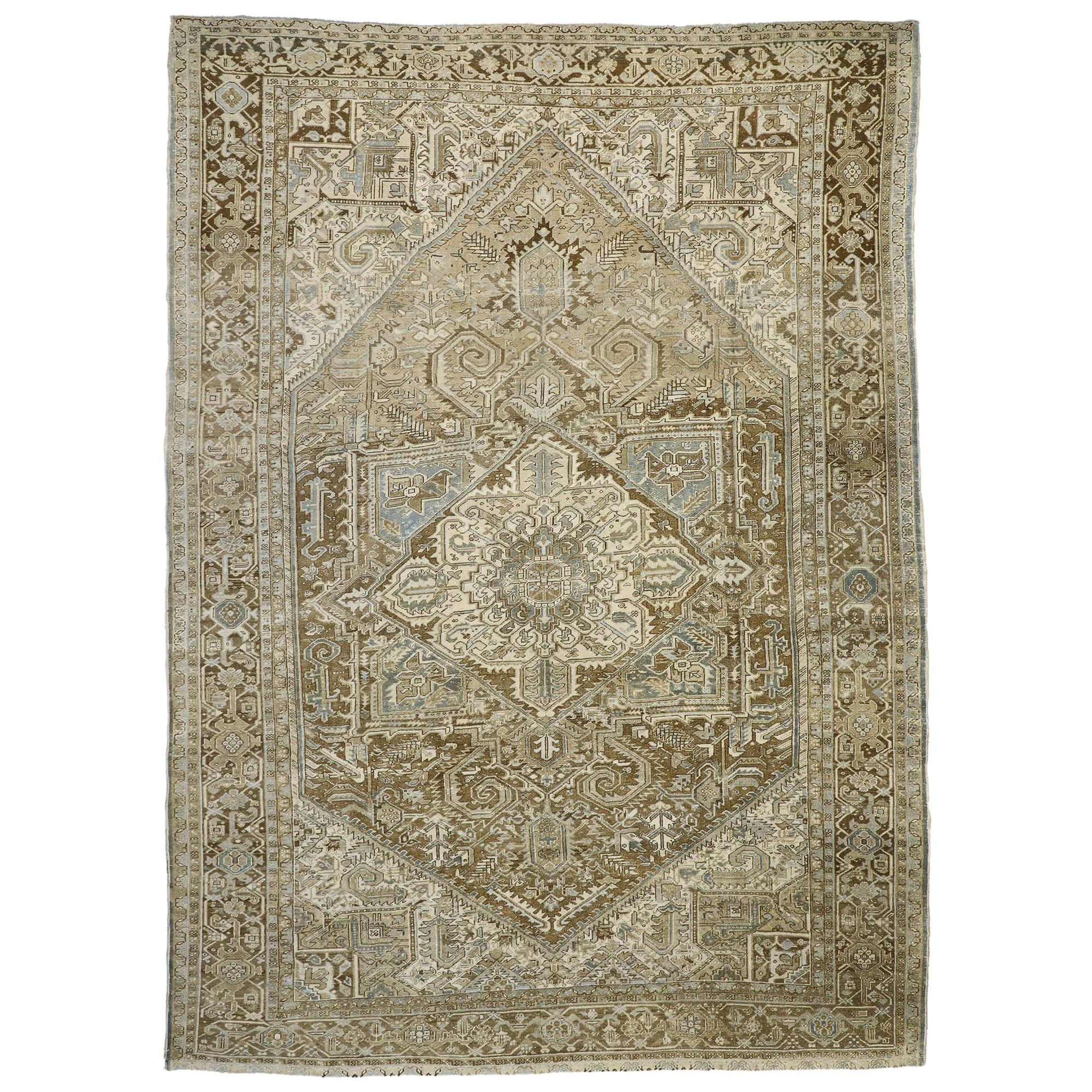 Distressed Antique Persian Heriz Rug with Rustic Puritan Chippendale ...