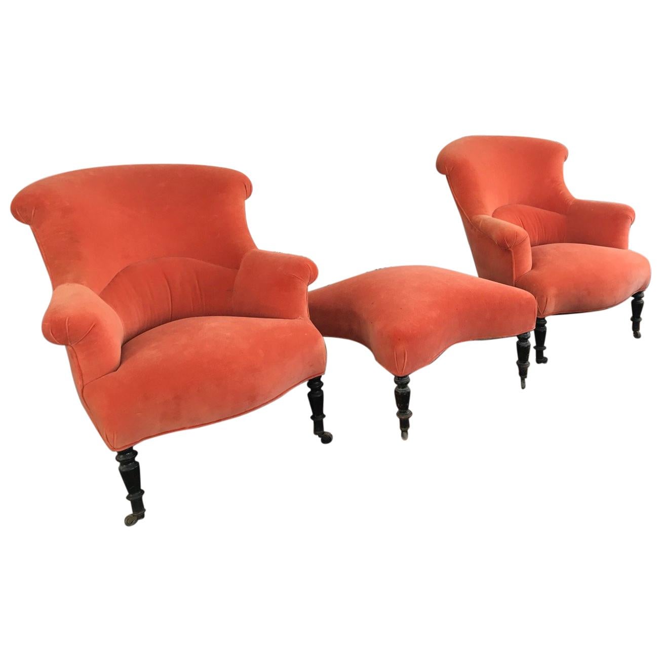 Pair of Upholstered Neoclassical Chairs with Ottoman For Sale