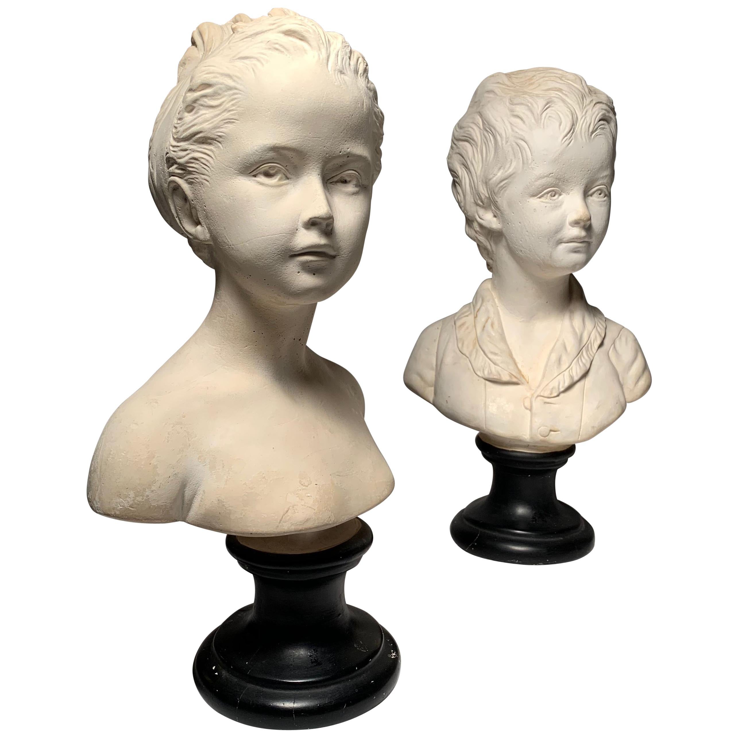 Vintage Plaster Busts of Alexandre and Louise Brongniart by Jean Antoine Houdon