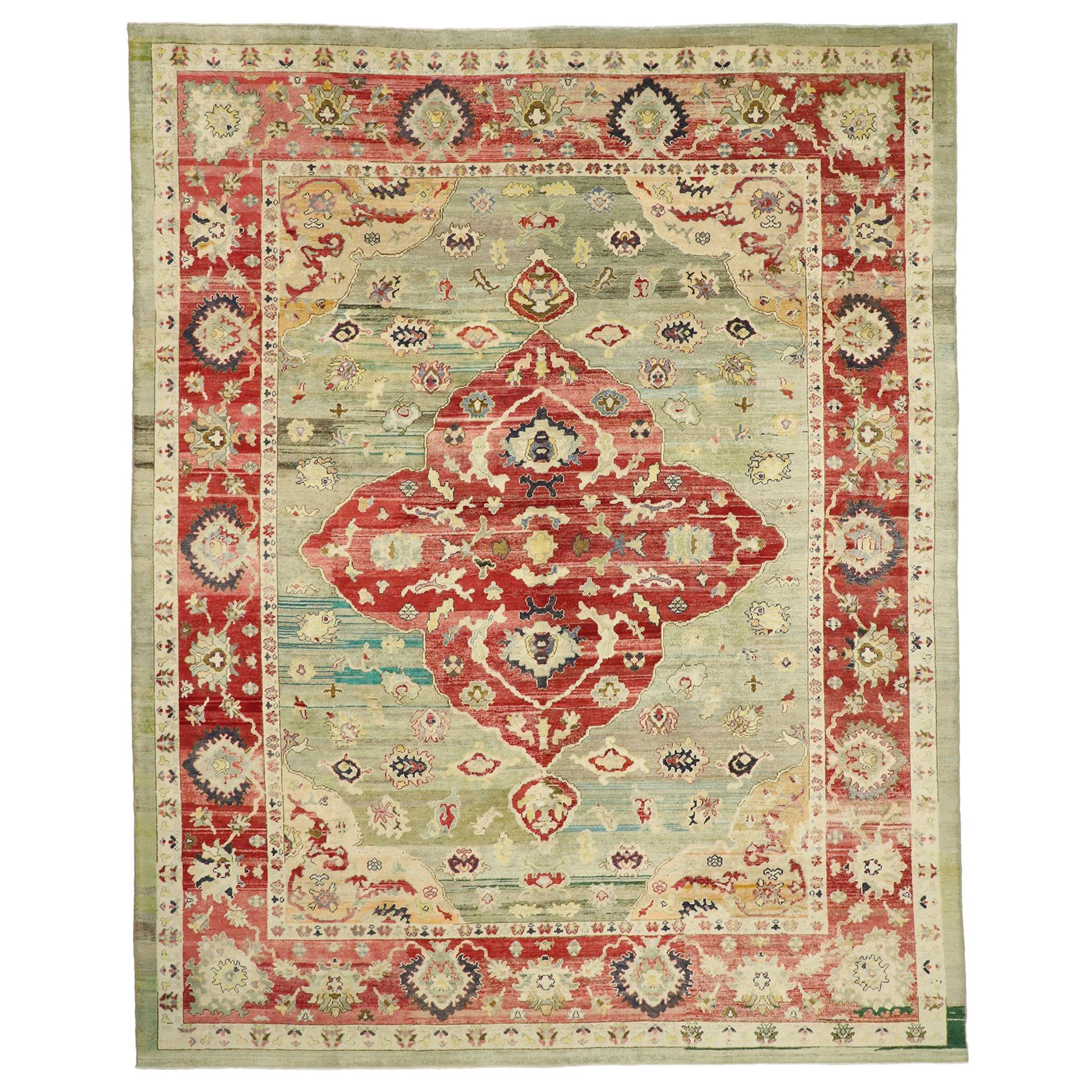New Contemporary Turkish Oushak Rug Repurposed from Antique Wool