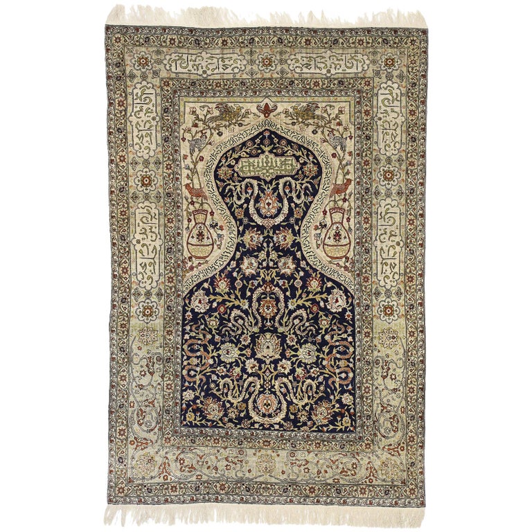 Vintage Turkish Hereke Koum Kapi Design Silk Prayer Rug with Regal Ottoman Style For Sale at 1stDibs