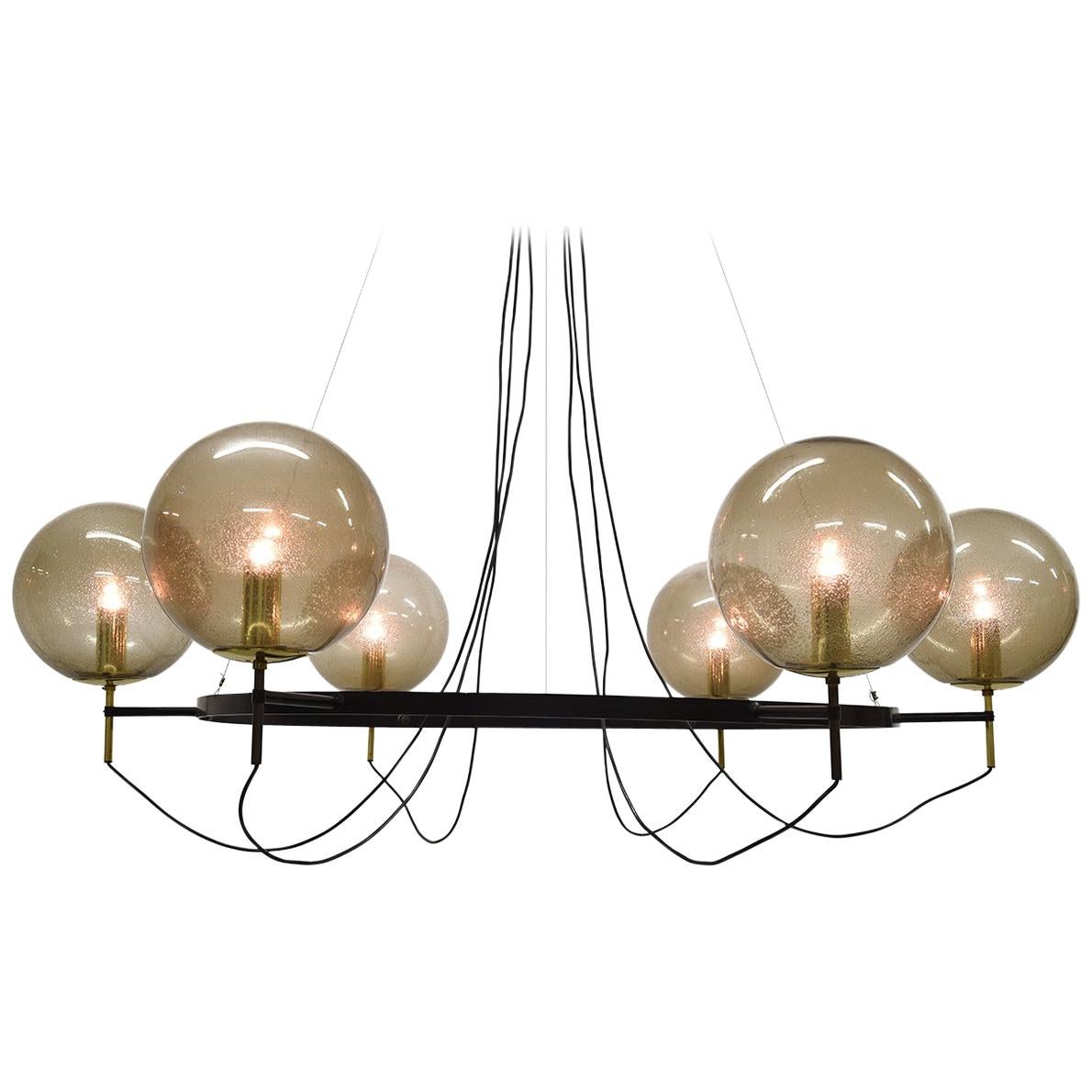 Midcentury Large Brass and Glass Chandelier by Limburg Glashütte, 1960s For Sale