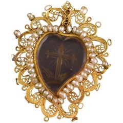 Devotional Pendant, Gold Filigree, Pearls, Rock Crystal, Possibly 19th Century