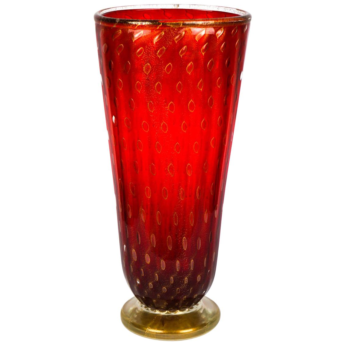 Art Deco Red Gold Design Italian Art Glass Vase by Stefano Mattiello For Sale