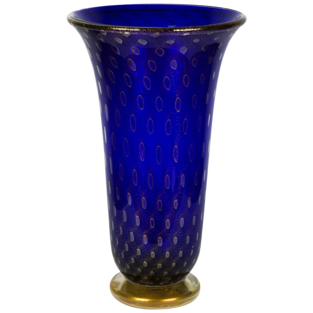 Italienische Art-Déco-Kunstglasvase im Art-déco-Stil in Blau und Golddesign von Stefano Mattiello