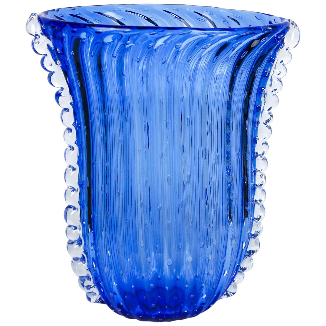 Contemporary Crystal Blue Design Italian Art Glass Vase Baloton Murano Glass Jar For Sale
