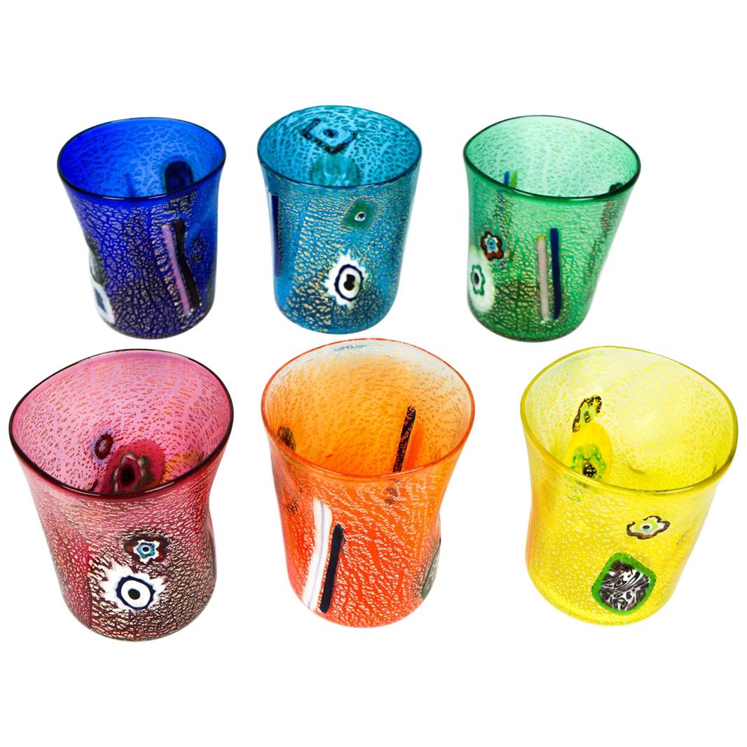 Mid-Century Set of 6 "Goti De Fornasa" Colorful Murano Drinking Glasses Tumbler