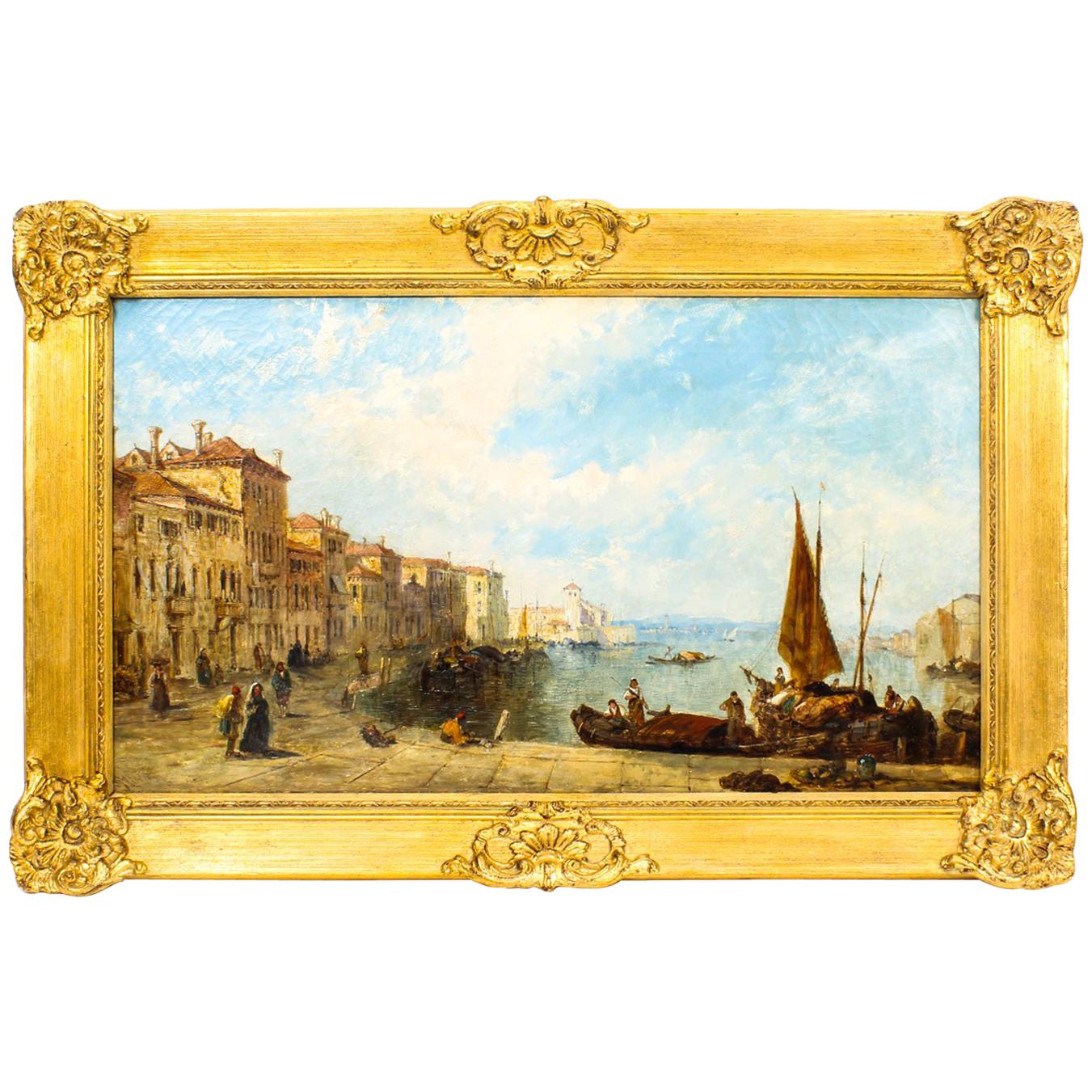 Antique Oil Painting Venetian Scene of The Grand Canal J.Vivian, 19th Century