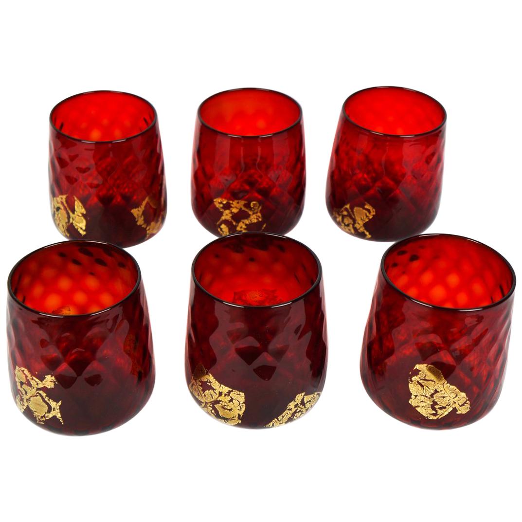 Contemporary Set of 6 "Goti de Fornasa" Red Gold Murano Drinking Glasses Tumbler