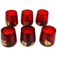 Antique Contemporary Set of 6 "Goti de Fornasa" Red Gold Murano Drinking Glasses Tumbler