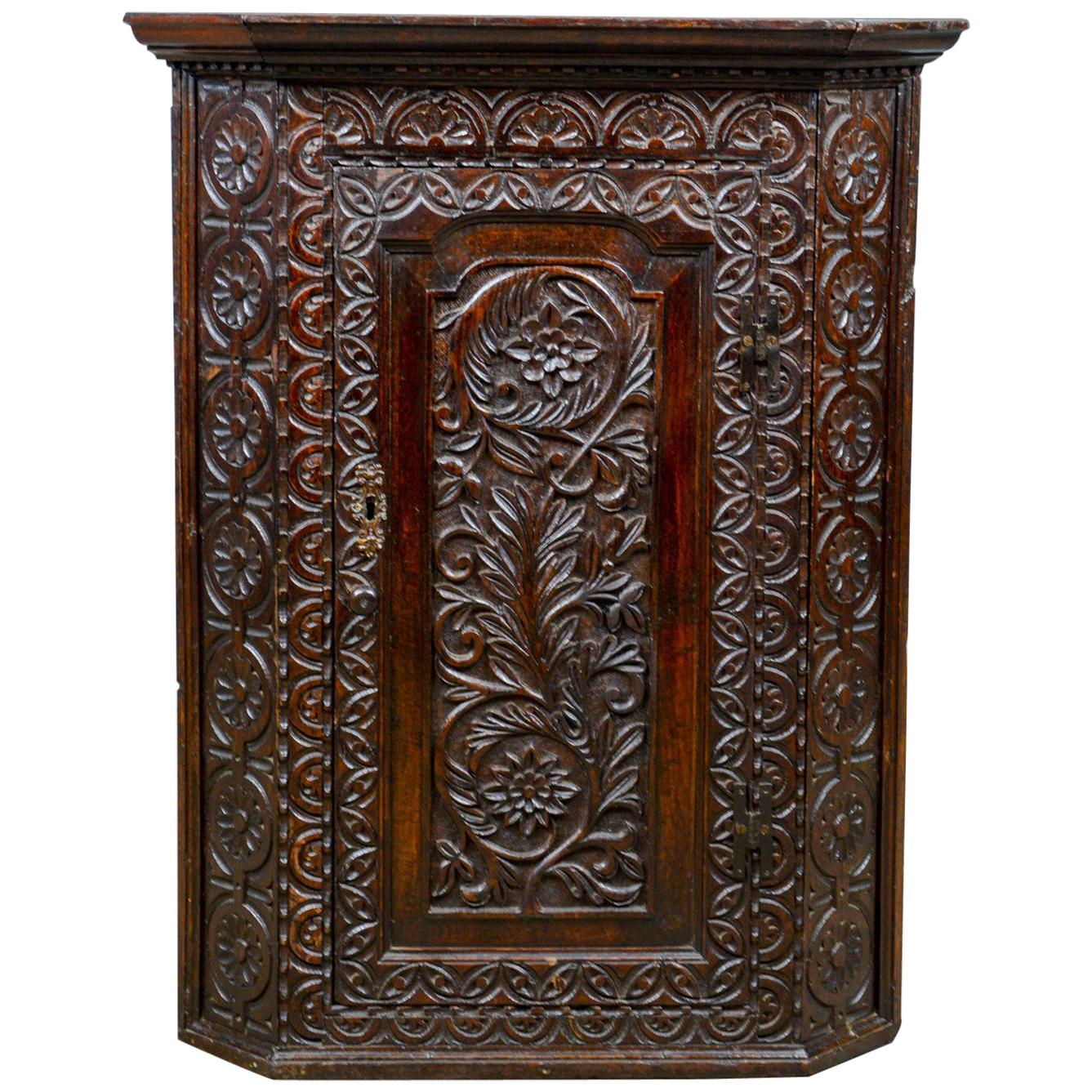 Antique Corner Cabinet, English, Georgian, Carved, Oak, Hanging Cupboard