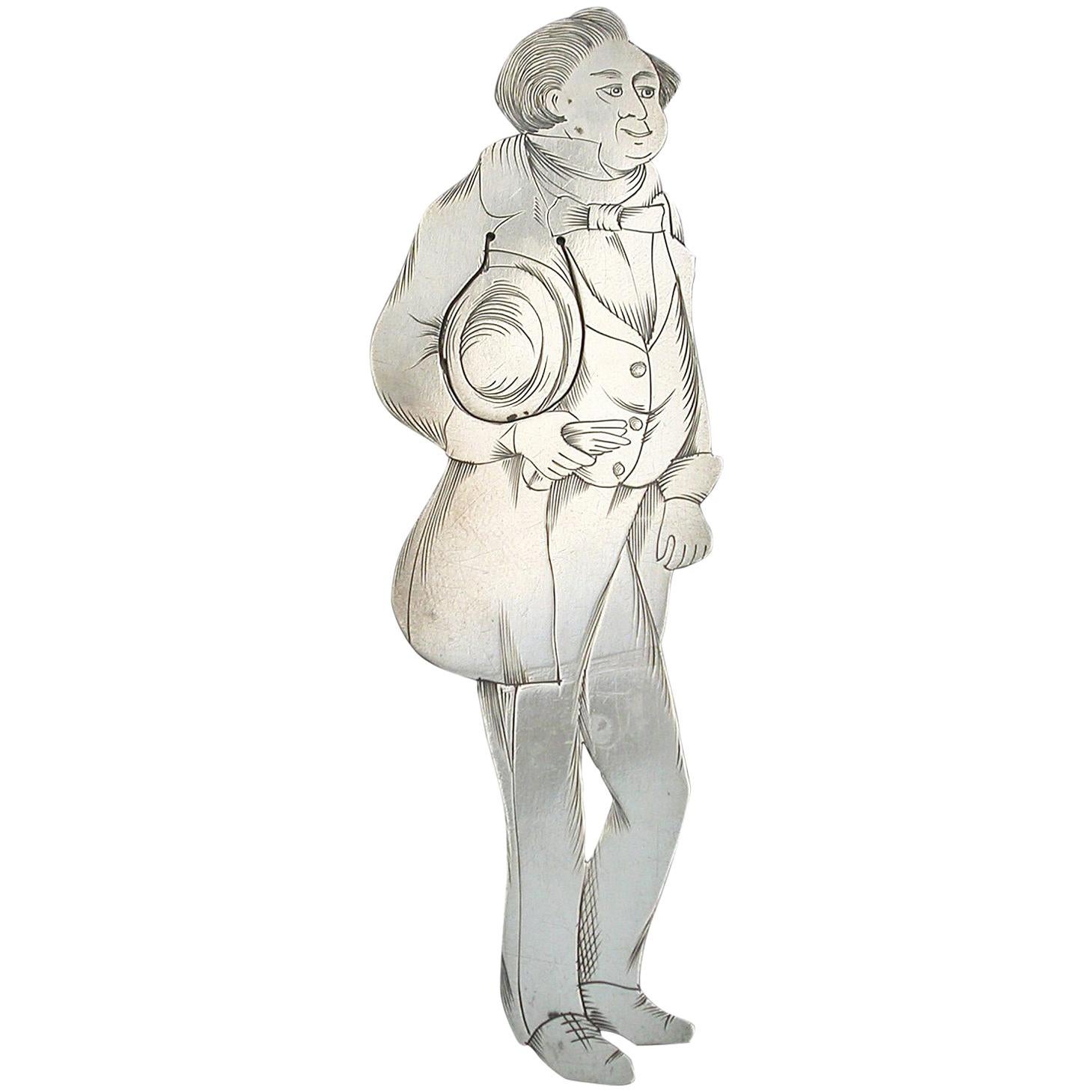 Edwardian Novelty Silver Figural Bookmark 'Mr Turveydrop', New York For Sale
