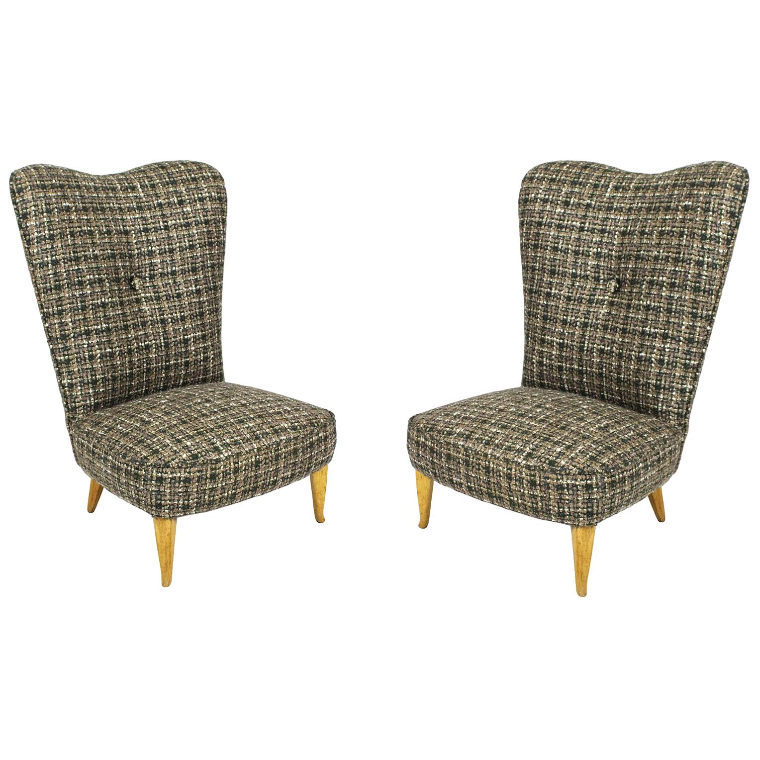 Pair of Mid-Century Modern Low Chairs in Green, Beige and White Wool - Italy For Sale