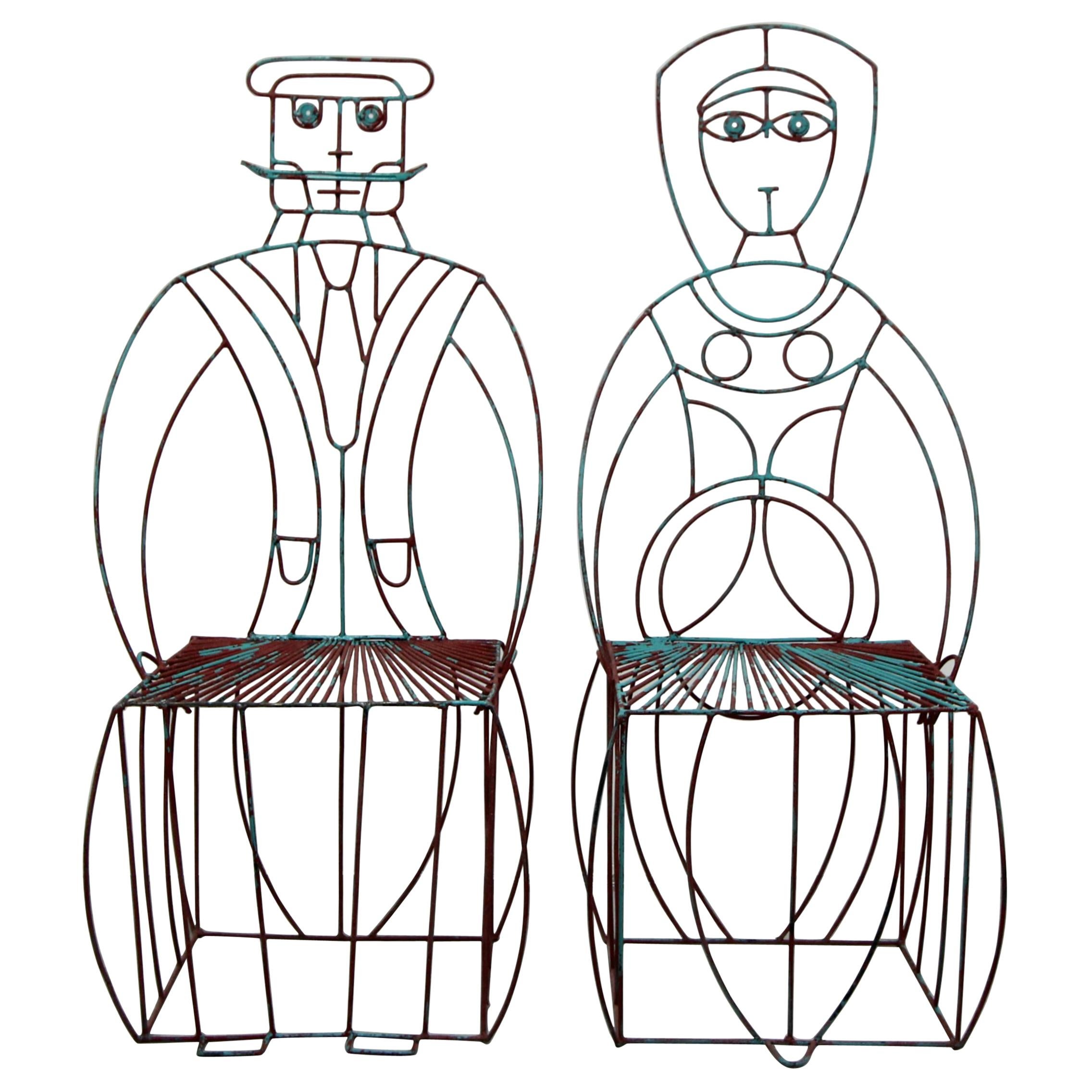 Pair of Midcentury Figural His and Hers Steel Wire Patio Chairs by John Risley