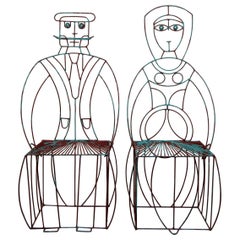 Vintage Pair of Midcentury Figural His and Hers Steel Wire Patio Chairs by John Risley