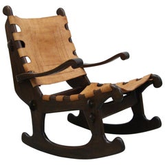 Tooled Leather and Wood Rocking Chair Made in Ecuador by Angel Pazmino
