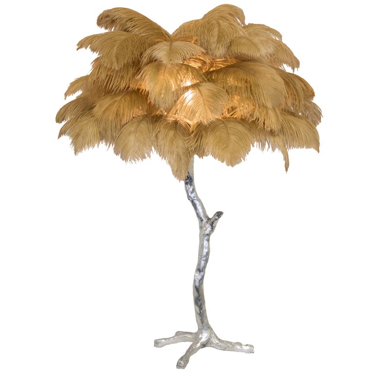 The Mini Feather Lamp with Silver Base For Sale