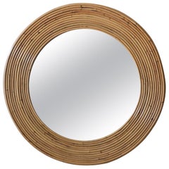 Large Vintage Round Reeded Bamboo Wicker Rattan Wall Mirror