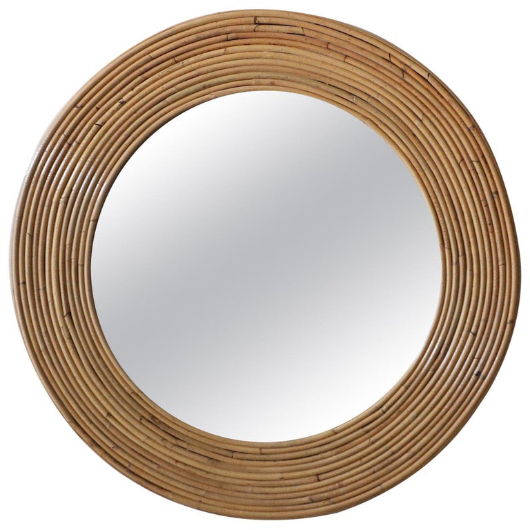 Large Vintage Round Reeded Bamboo Wicker Rattan Wall Mirror at 1stDibs
