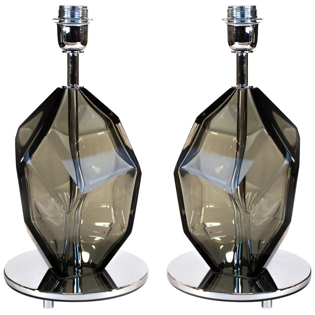 Toso Murano Pair of Grey Italian Venetian Glass Table Lamps Faceted, 1991 For Sale