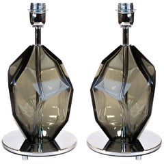 Toso Murano Pair of Grey Italian Venetian Glass Table Lamps Faceted, 1991