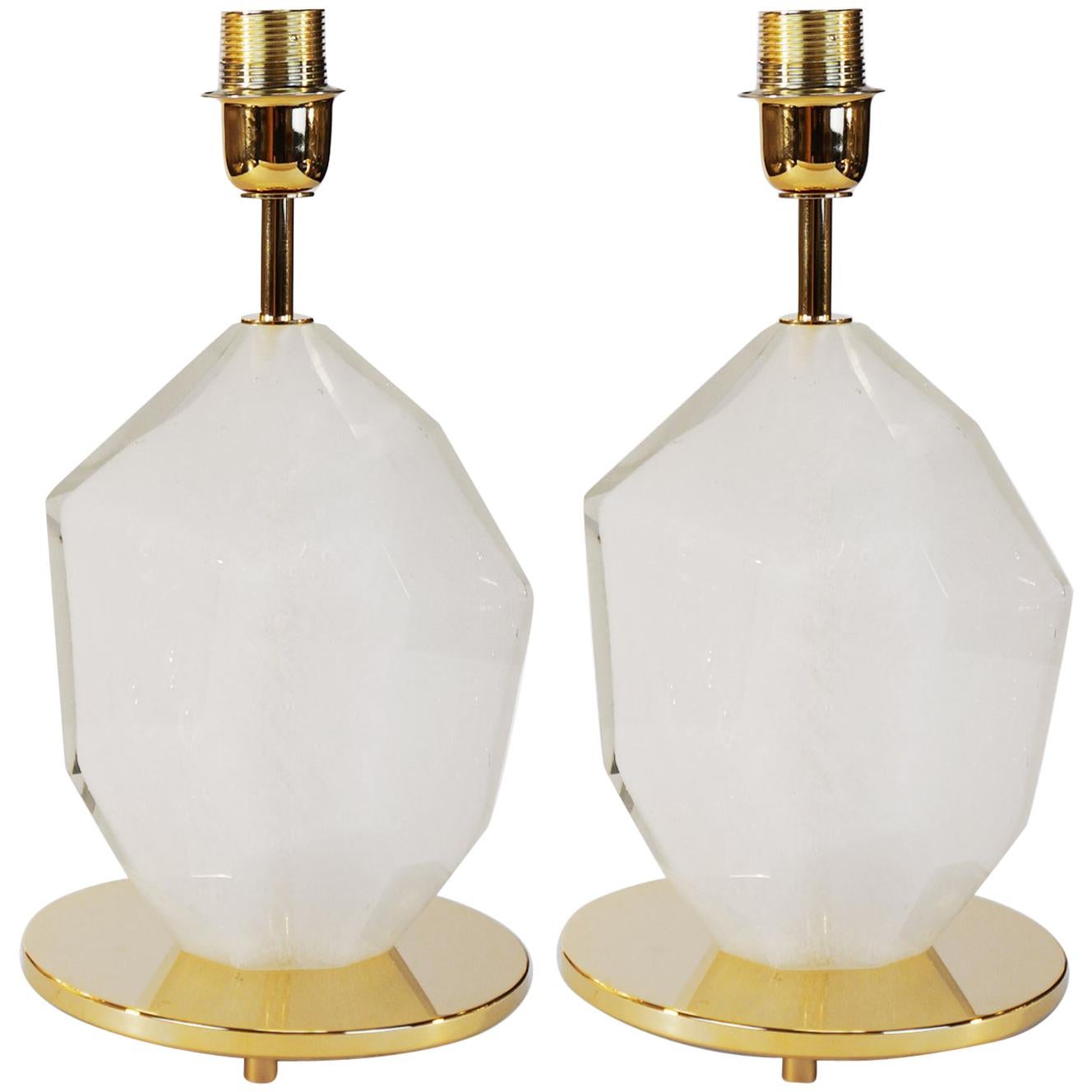 Toso Murano Pair of White Italian Venetian Glass Table Lamps Solid Faceted, 1990