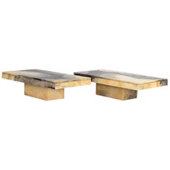 Pair of Light Yellow Grey Veined Marble Coffee Tables, 1970s