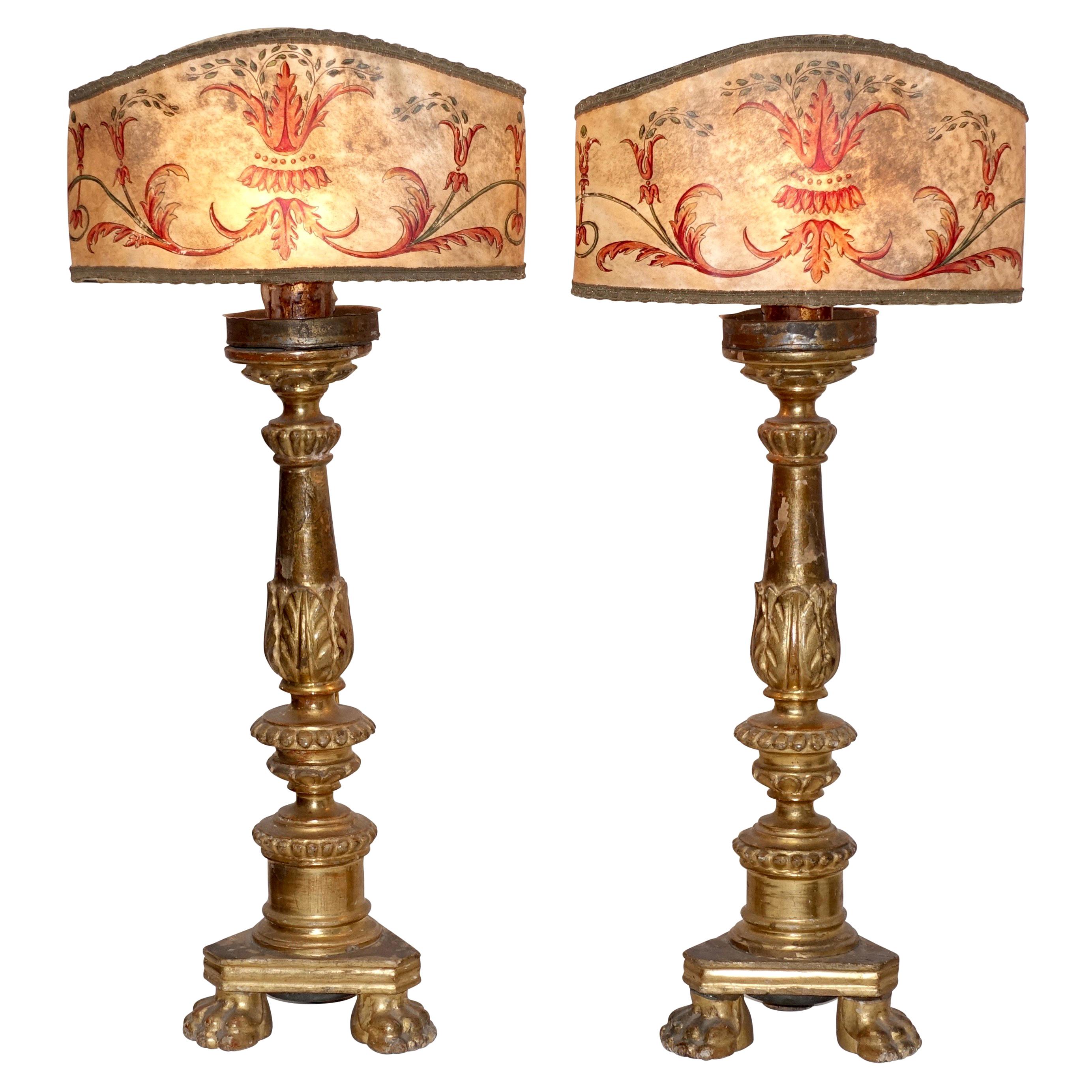 Pair of Gilt Candlestick Lamps with Parchment Shades, Italian, 18th Century