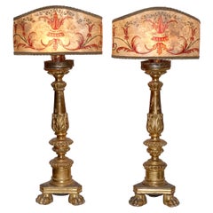 Antique Pair of Gilt Candlestick Lamps with Parchment Shades, Italian, 18th Century