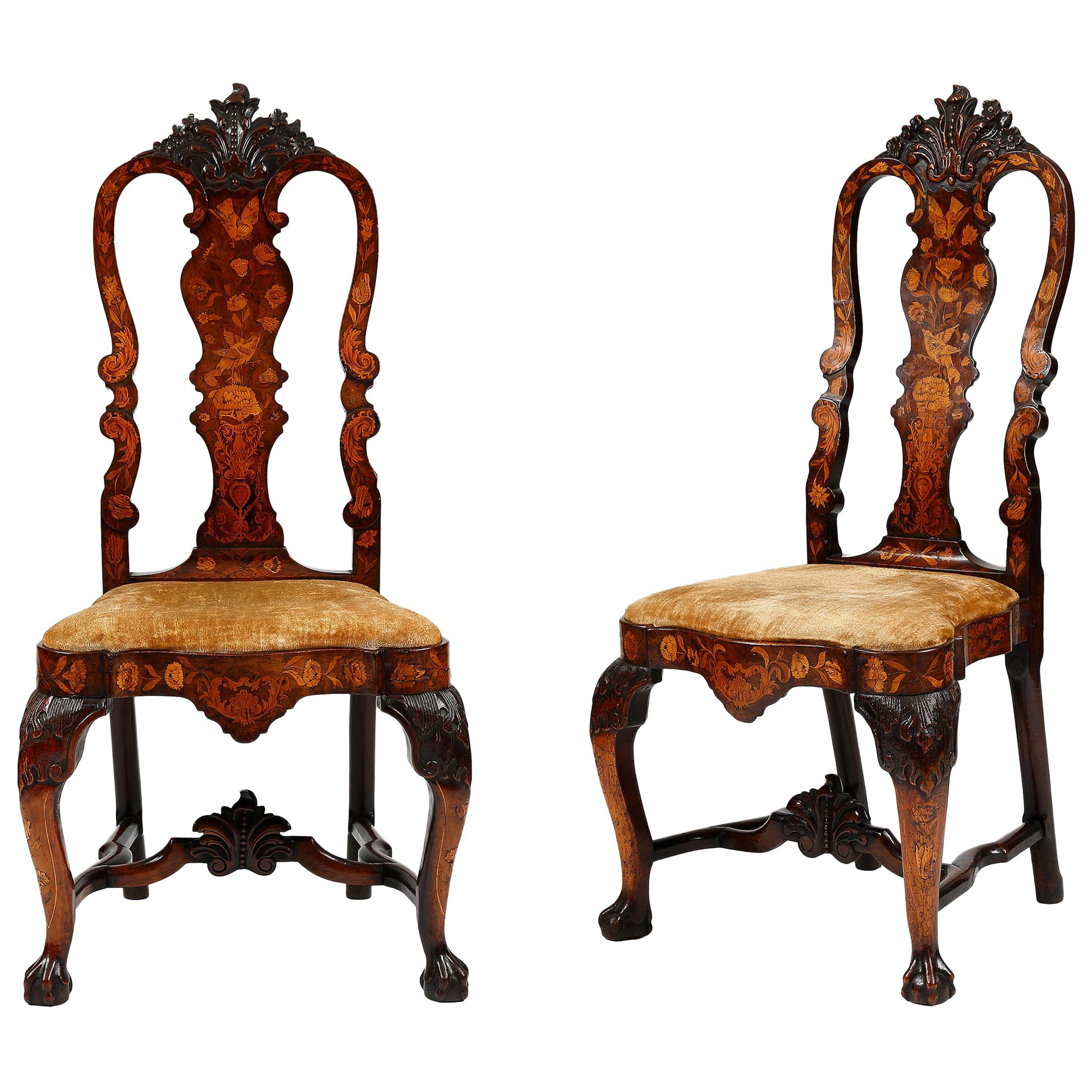 Pair of 18th Century Dutch Marquetry Chairs For Sale