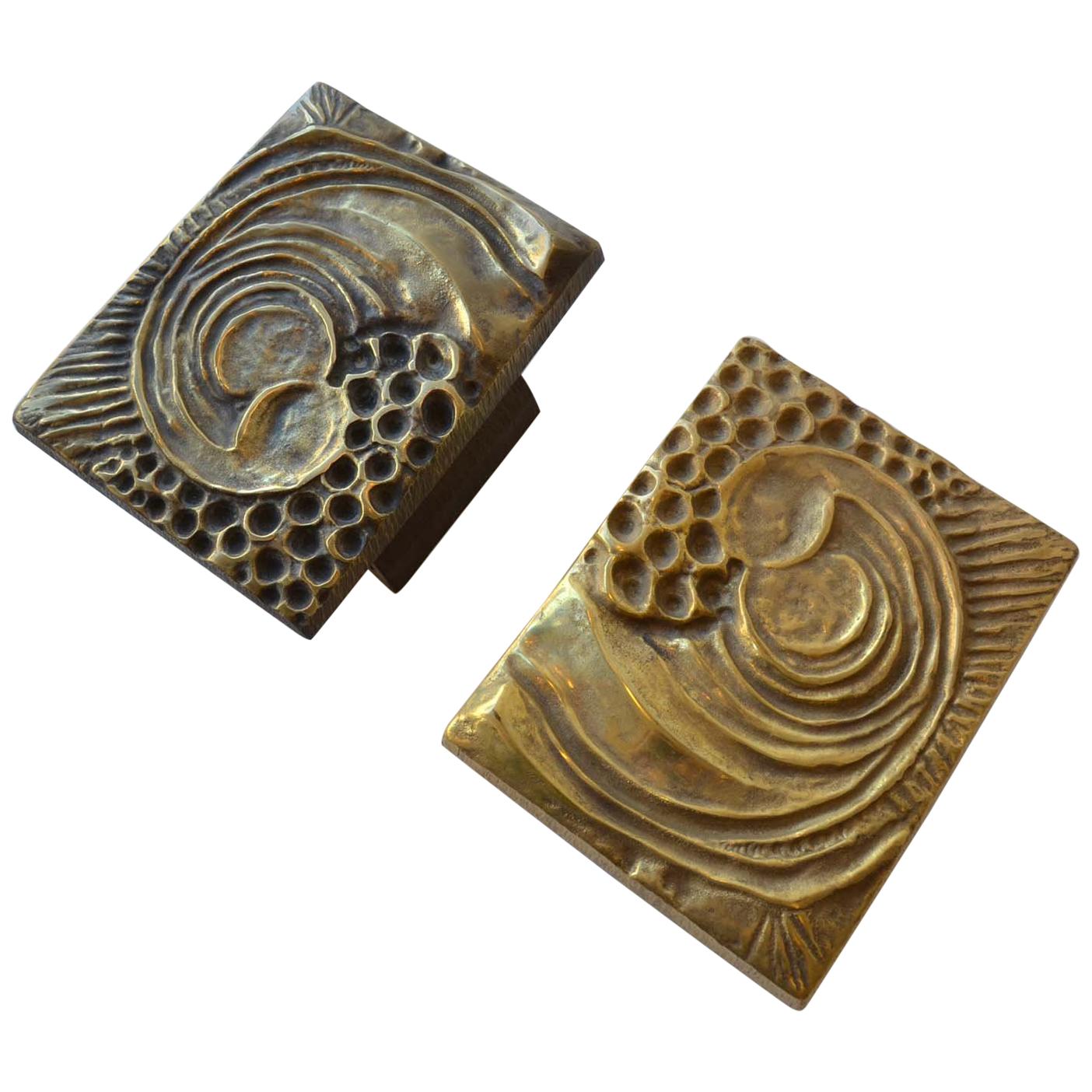1970s Brutalist Pair of Bronze Push and Pull Door Handles with Abstract Relief