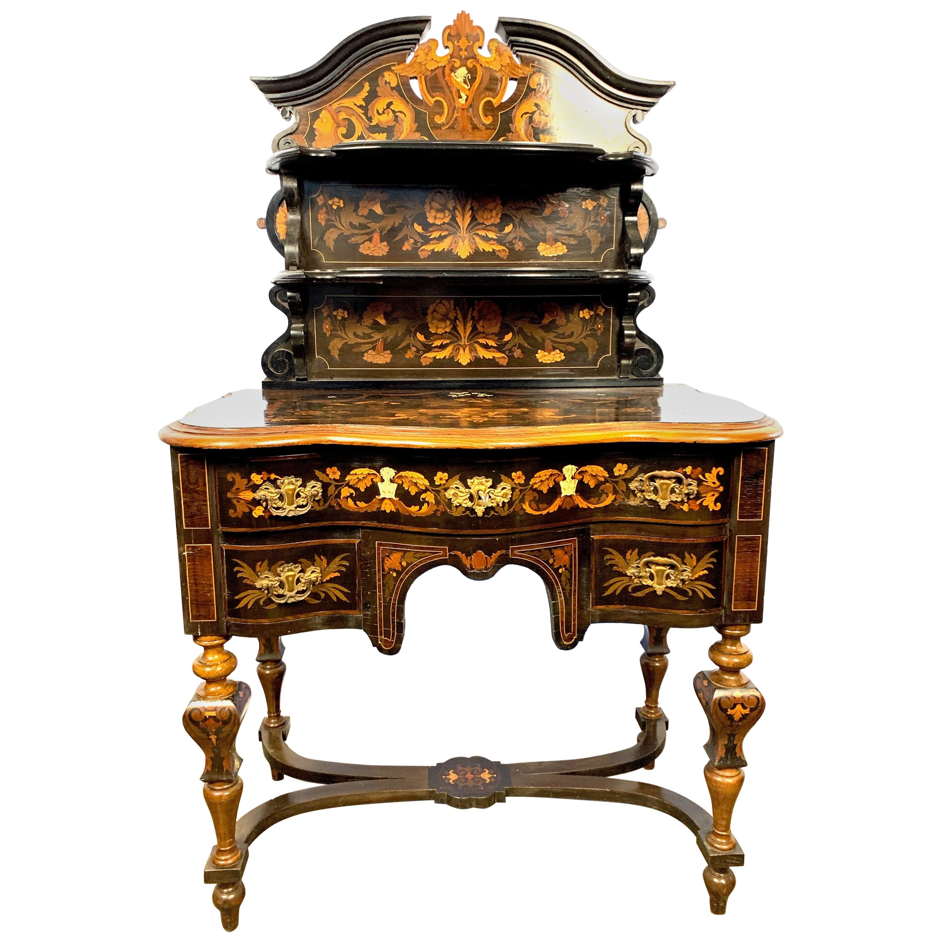 18th Century Dutch Marquetry Inlay Lowboy with Stretcher Base For Sale