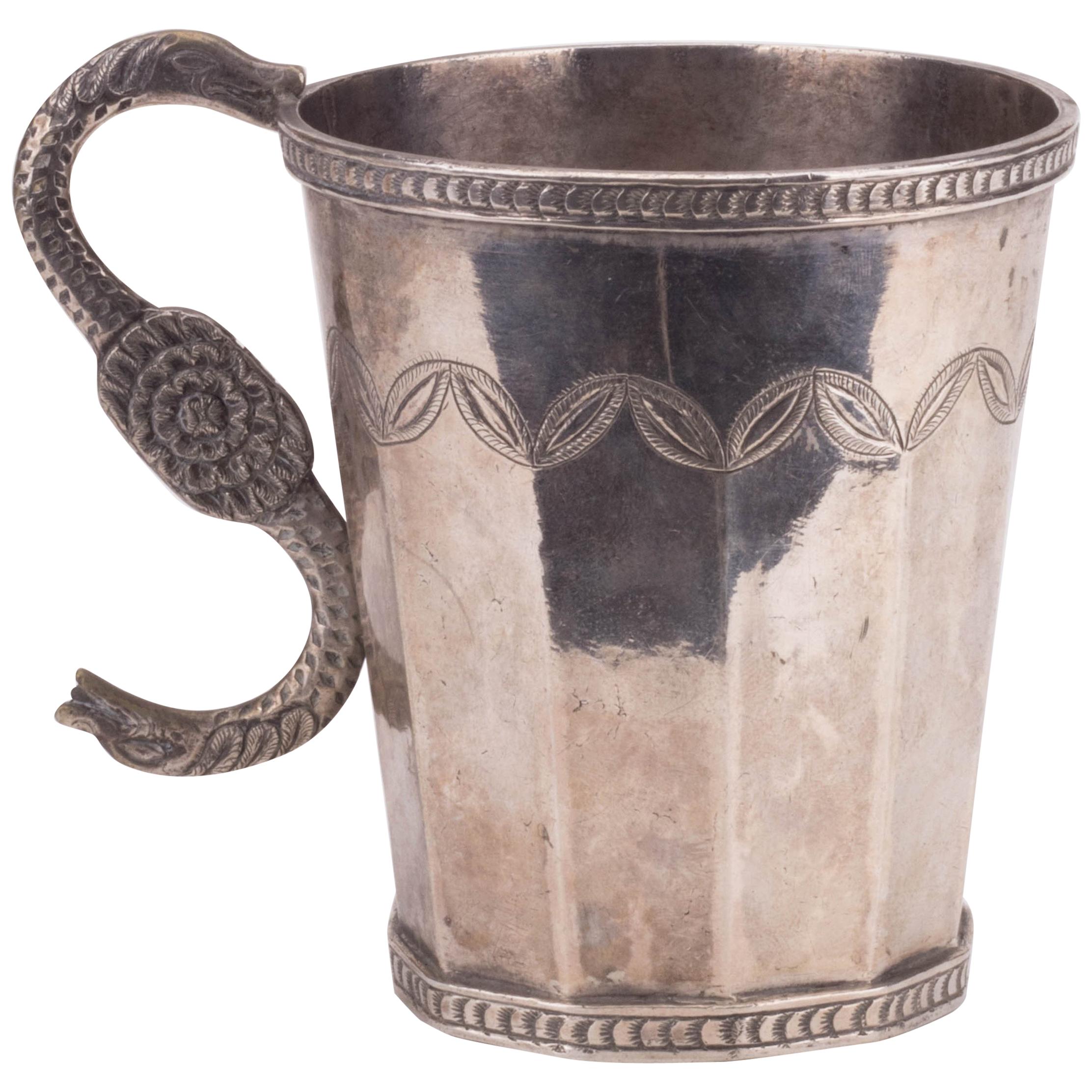 18th Century Probably Peruvian Silver Engraved Jug with Snake Shaped Handle