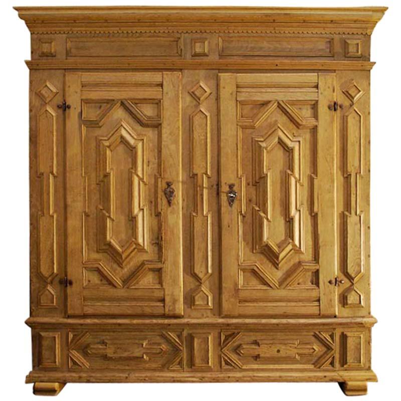 Antique German Baroque Stripped Oak Two-Door Wardrobe Cupboard