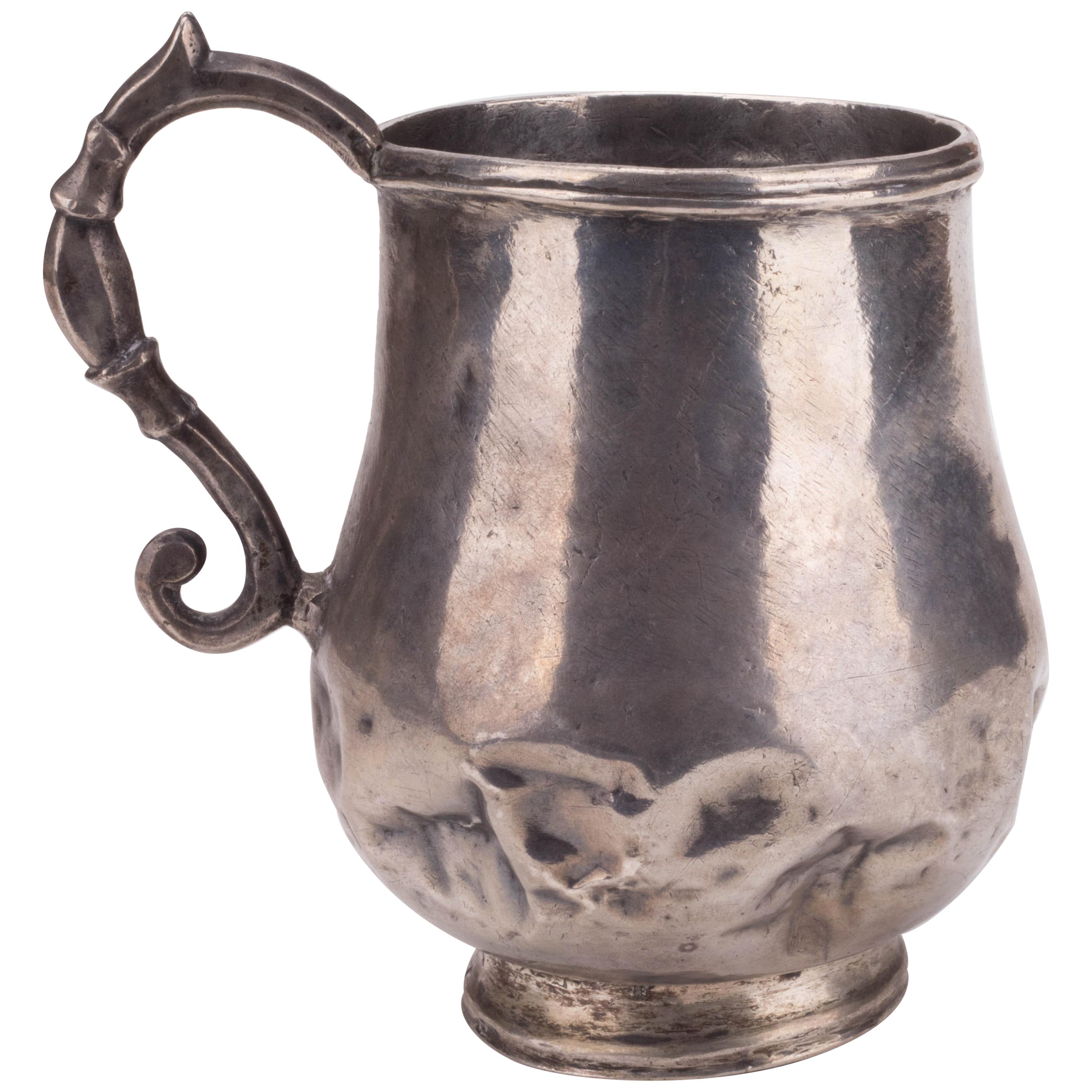 18th Century Colonial Silver Dented Jug with Engraved Initials
